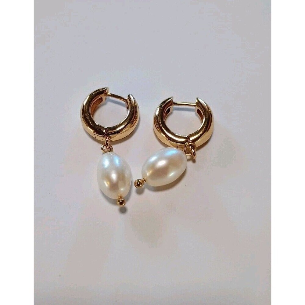 Gold Plated Dangle Hoop Earrings Real Freshwater Pearls